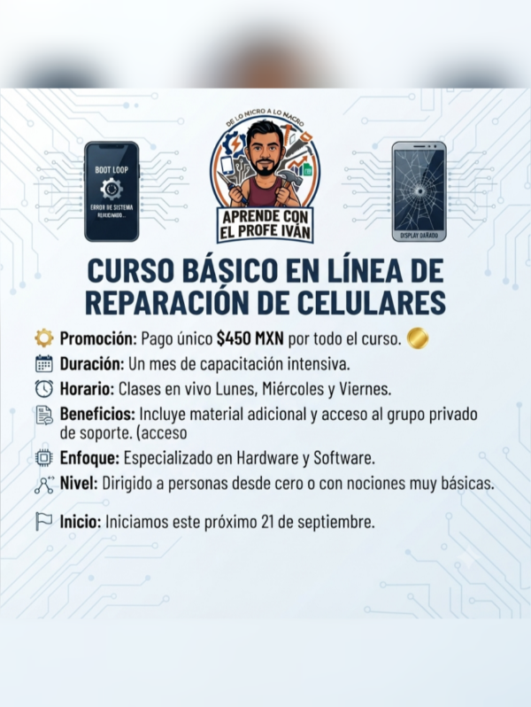 Curso básico en linea de reparación de celulares.